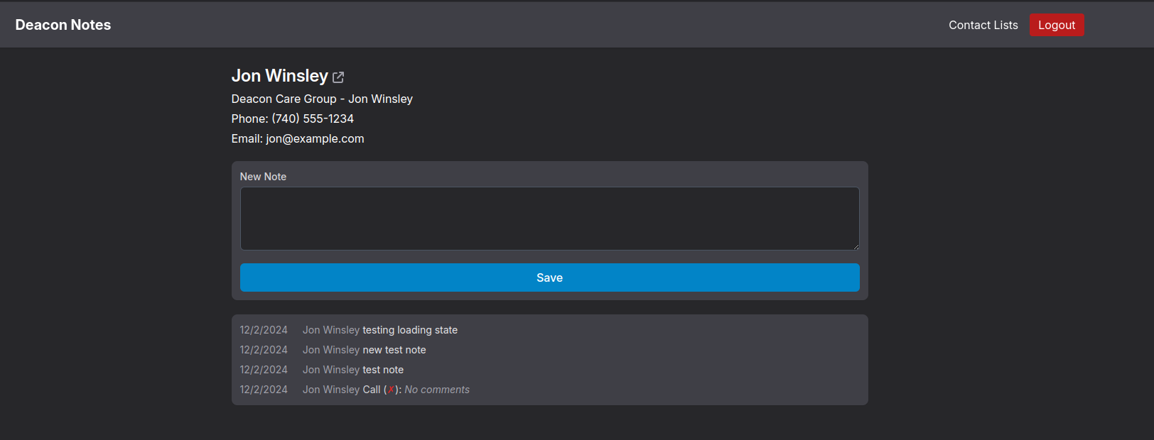 Screenshot of Deacon Notes app showing sample contact data for Jon Winsley